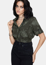 Callopistria Moth Print Short Sleeve Crop Shirt - Green