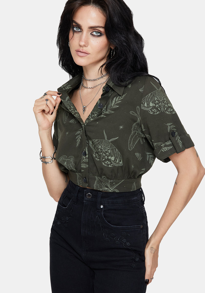 Callopistria Moth Print Short Sleeve Crop Shirt - Green