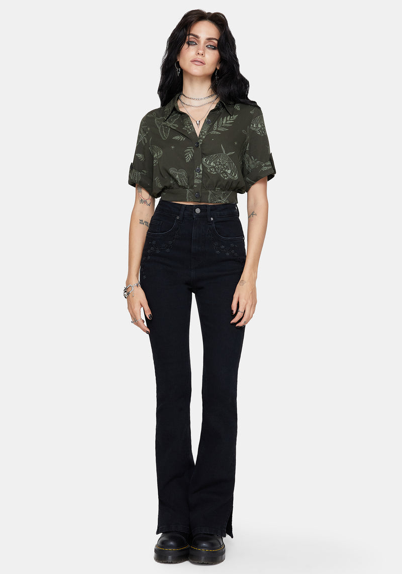 Callopistria Moth Print Short Sleeve Crop Shirt - Green