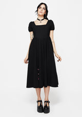 Copia Moth Embroidered Cotton Puff Sleeve Split Skirt Midi Dress