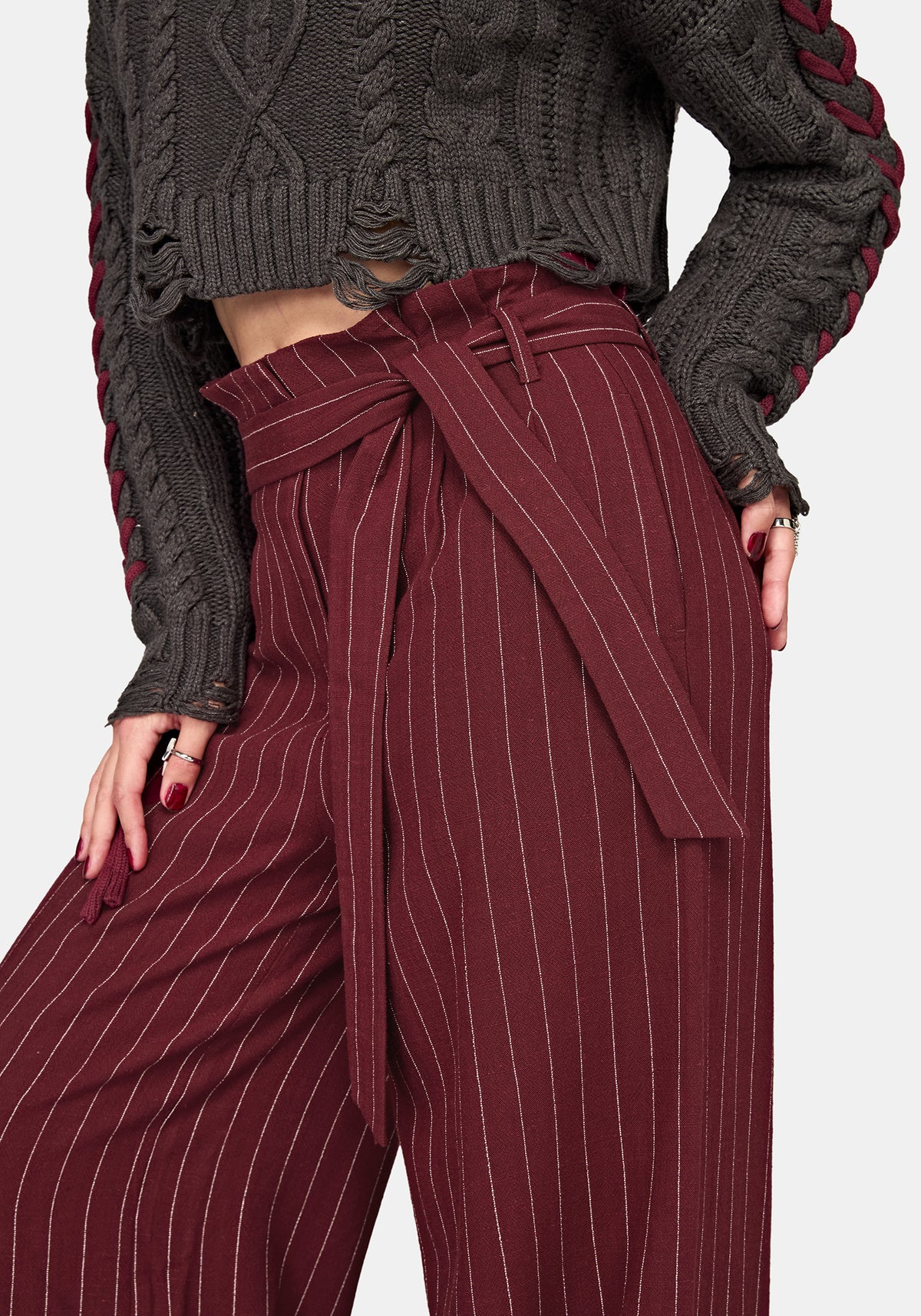 Charli Pinstripe Paperbag Waist Straight Leg Trouser - Burgundy