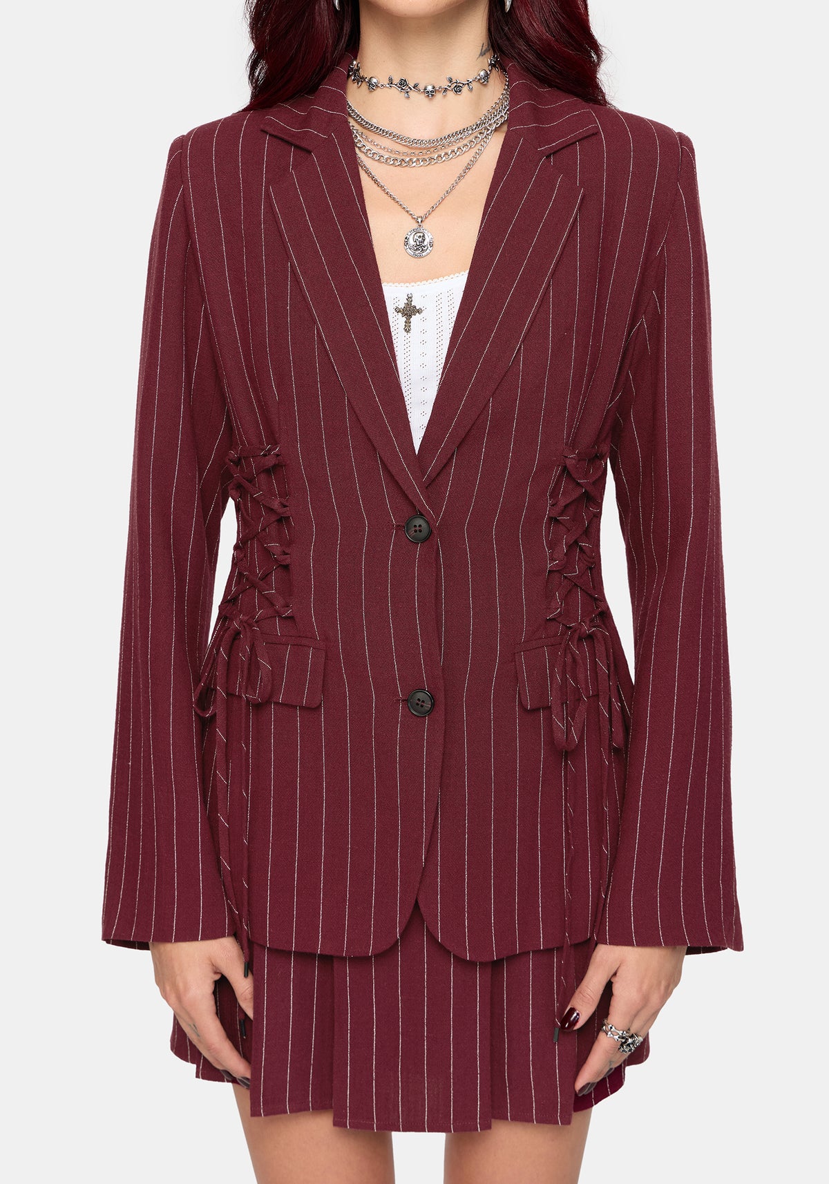 Charli Pinstripe Lace Up Oversized Blazer - Burgundy