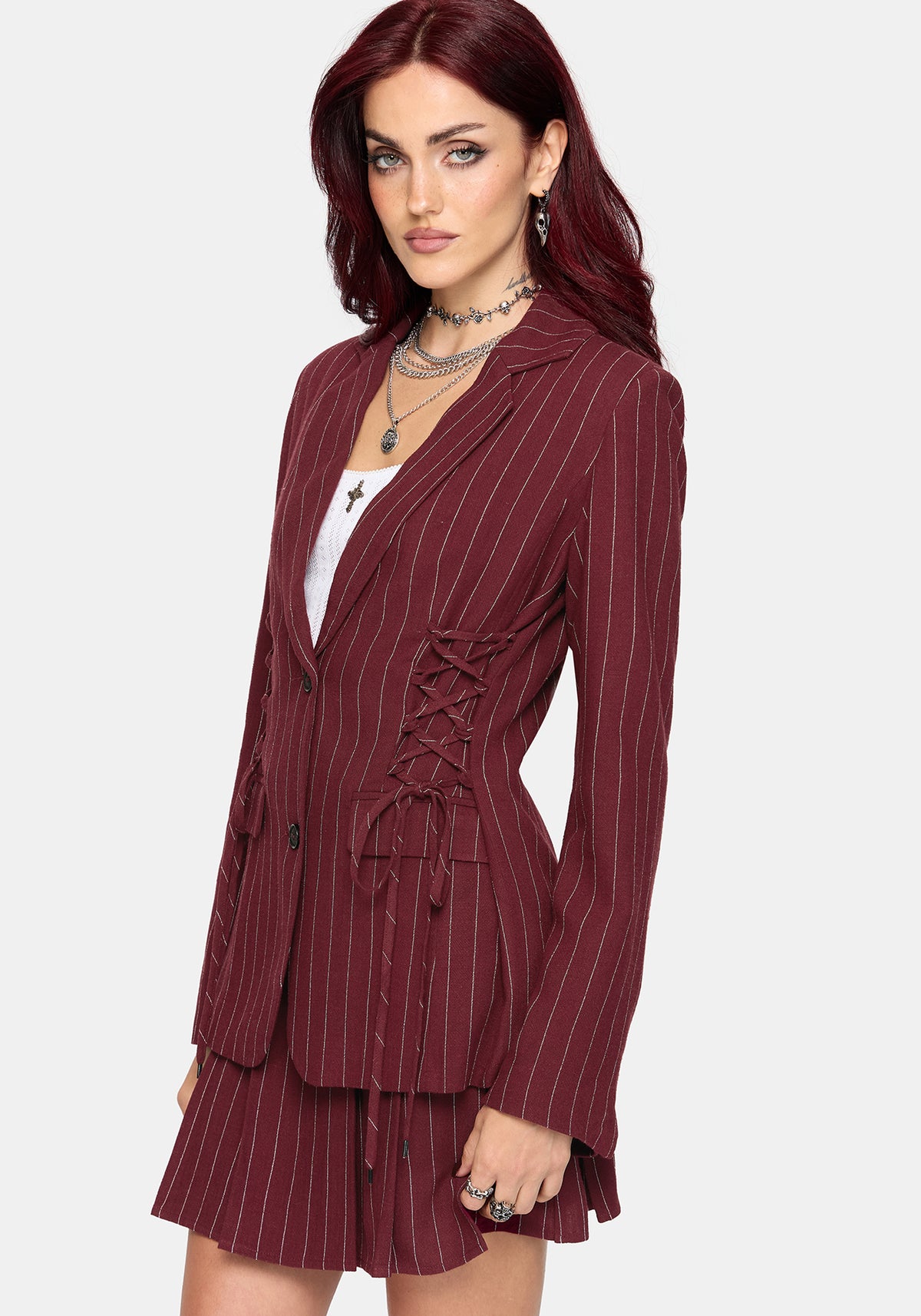 Charli Pinstripe Lace Up Oversized Blazer - Burgundy