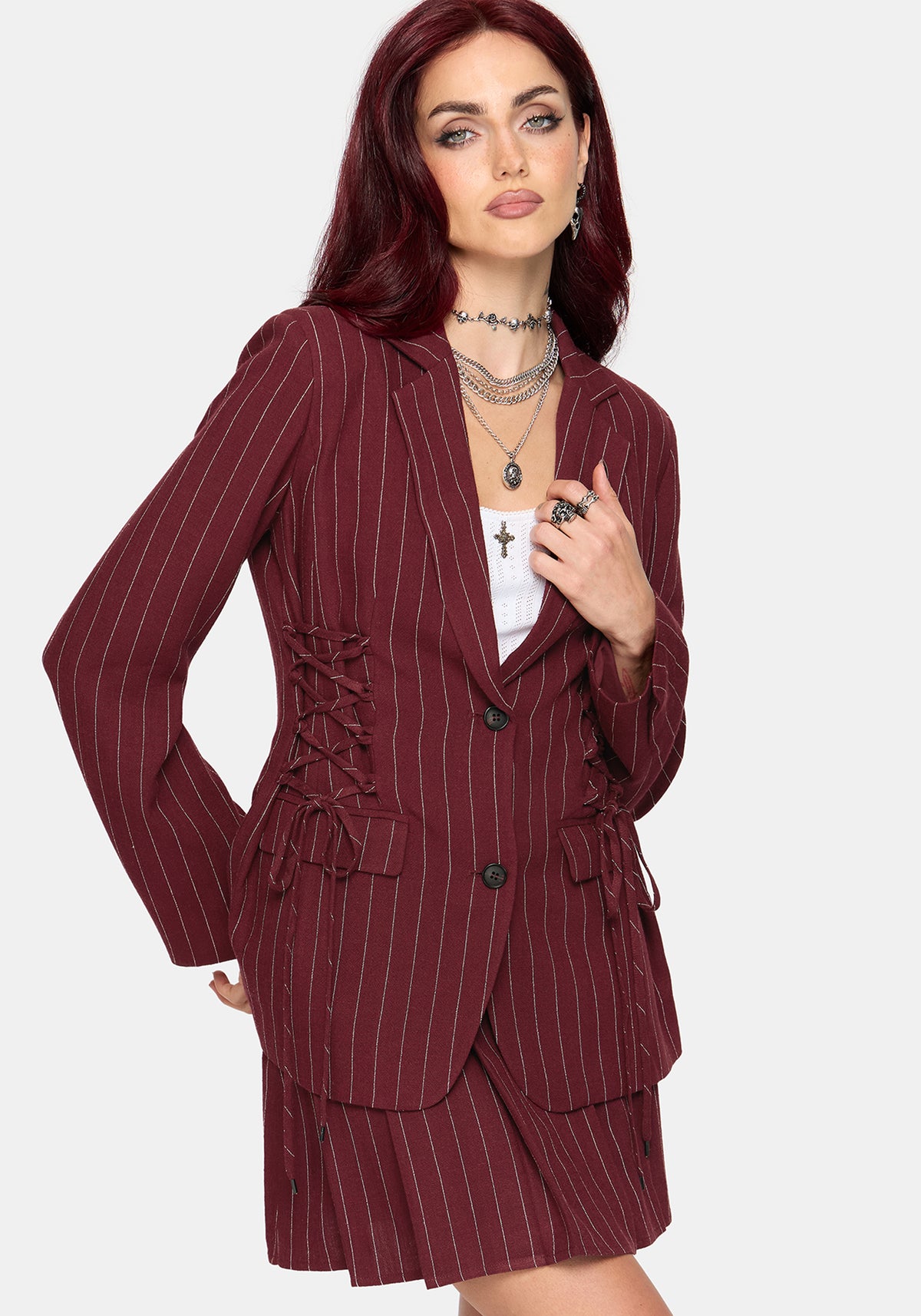 Charli Pinstripe Lace Up Oversized Blazer - Burgundy