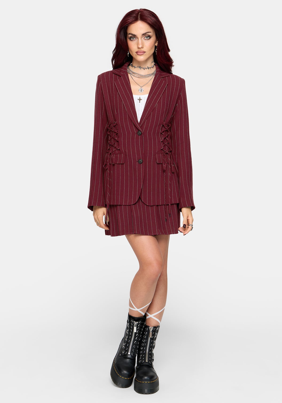 Charli Pinstripe Lace Up Oversized Blazer - Burgundy