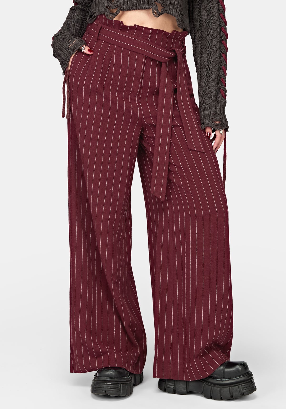 Charli Pinstripe Paperbag Waist Straight Leg Trouser - Burgundy
