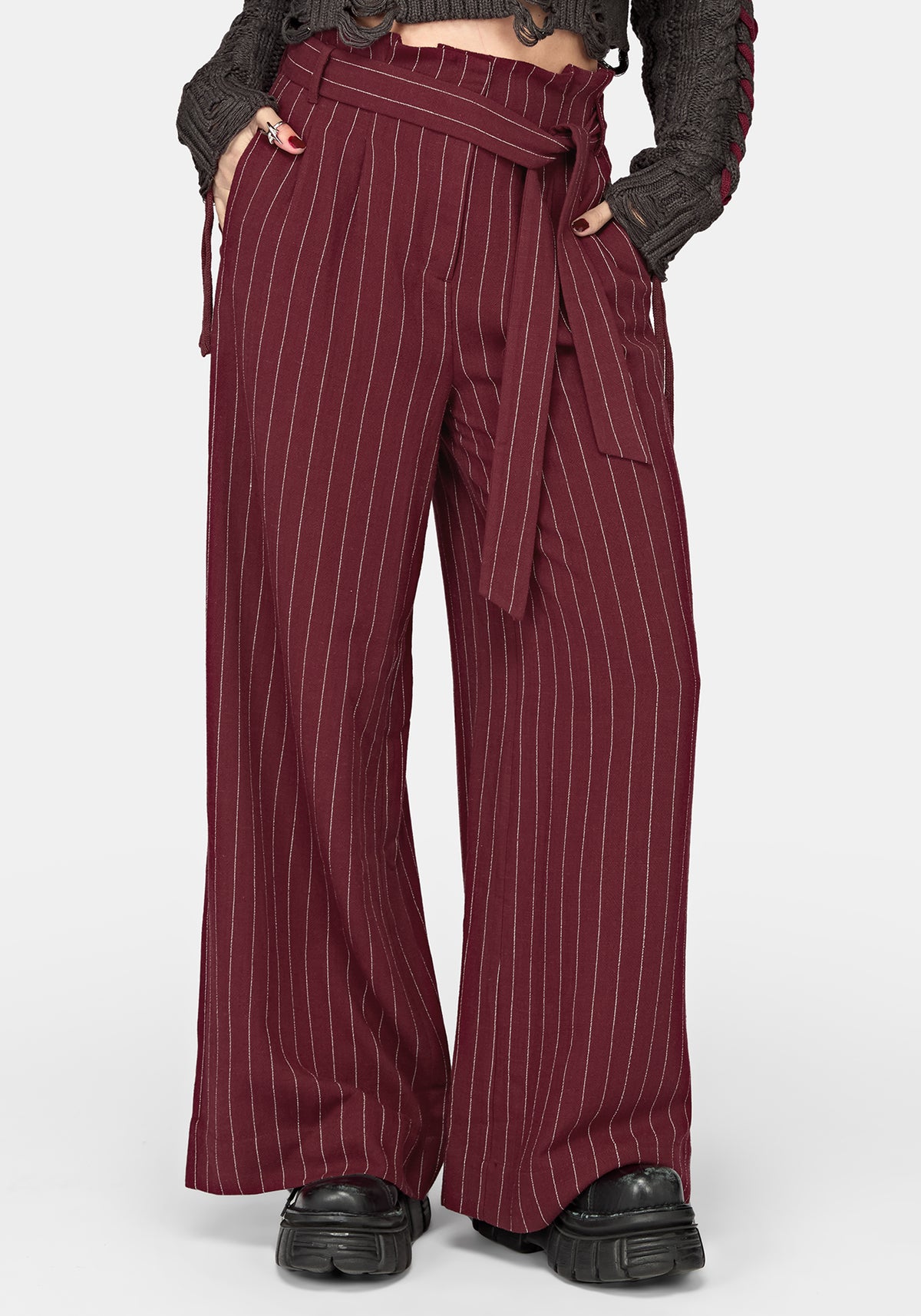 Charli Pinstripe Paperbag Waist Straight Leg Trouser - Burgundy