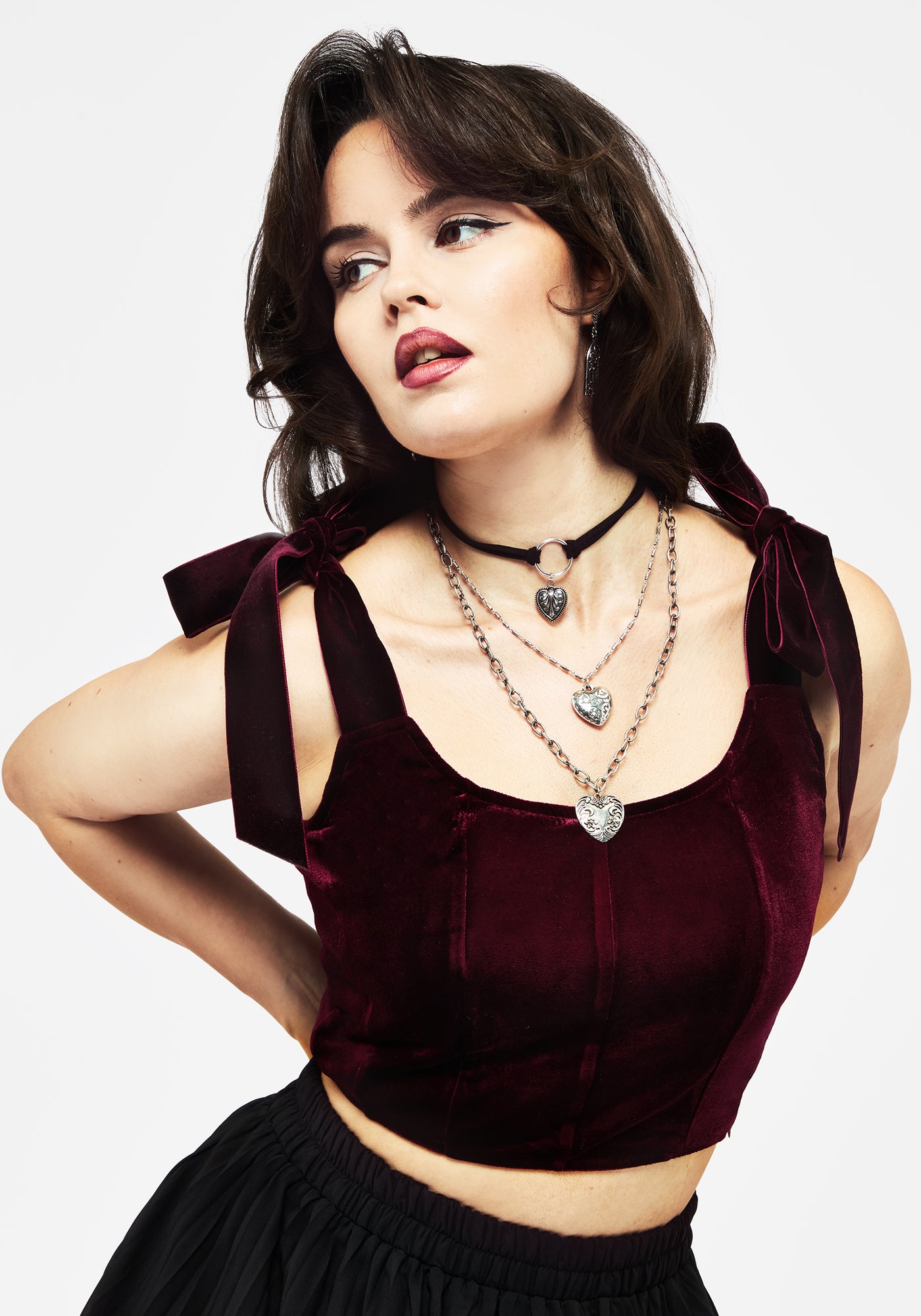 Disturbia | Lisette Velour Tie Strap Corset Top - Red | Corsets