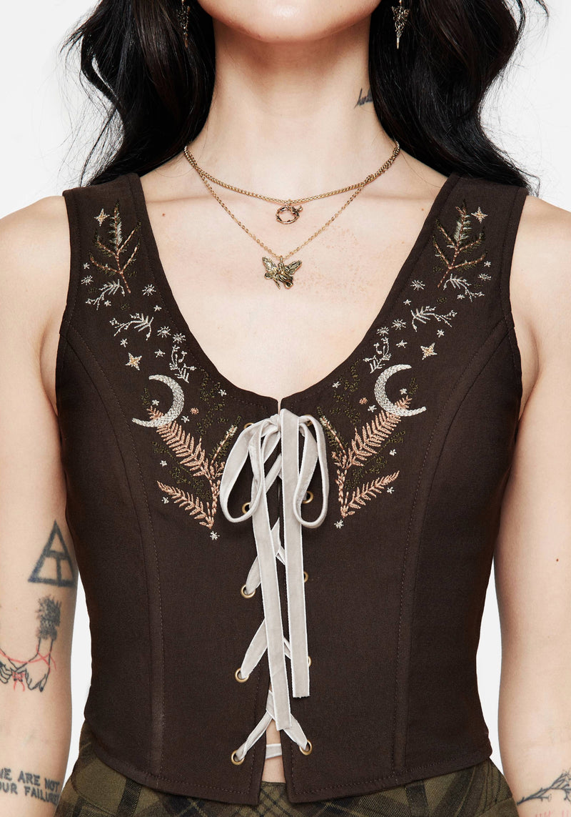 Abellona Embroidered Tie Up Front Corset Top