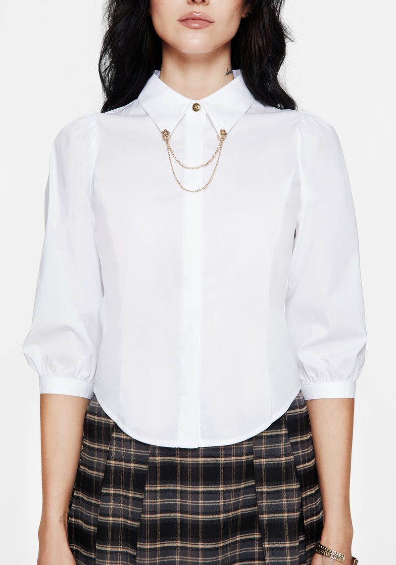 Mire Button Up Puff Sleeve Chain Collared Shirt