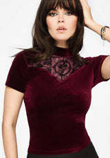 Cameo Floral Flocked Mesh Velour High Neck Top - Red