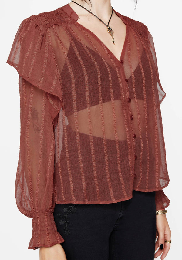 Asteria Sheer Textured Stripe Ruffle Blouse