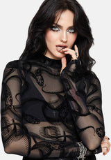 Paleo Flocked Mesh Skeletal Snake Long Sleeve Ruched Top