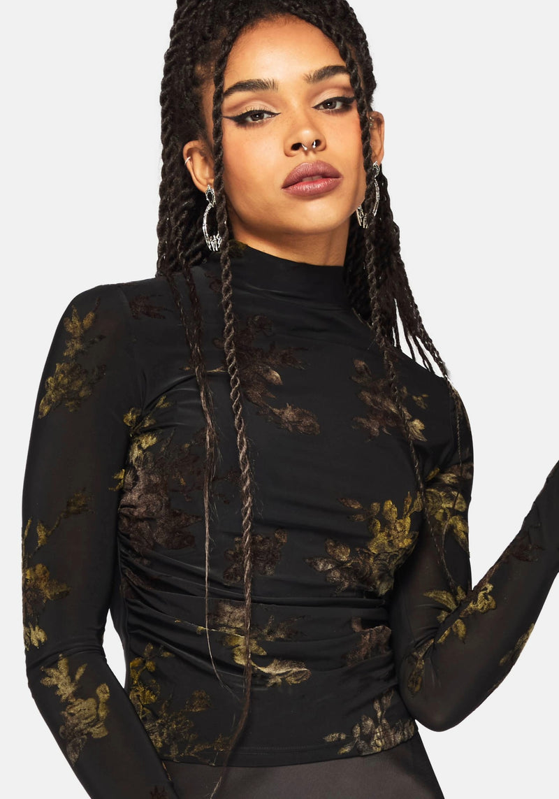 Velda Floral Flocked Ruche Side Mesh Top
