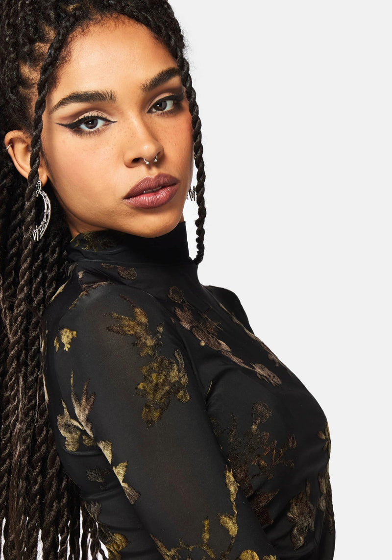 Velda Floral Flocked Ruche Side Mesh Top