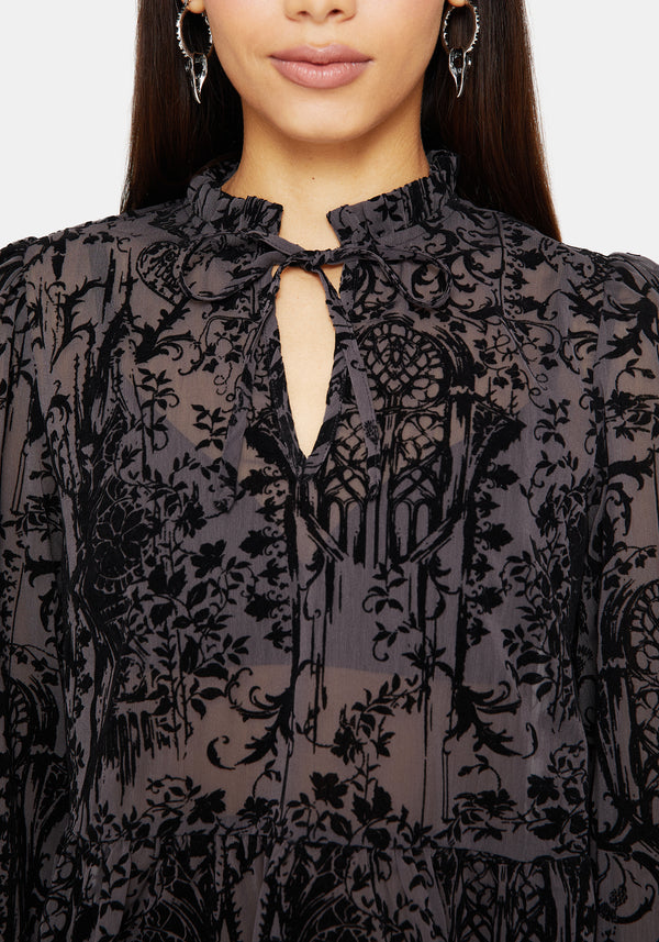 Thorned Flocked Castle Print Chiffon Frill Blouse