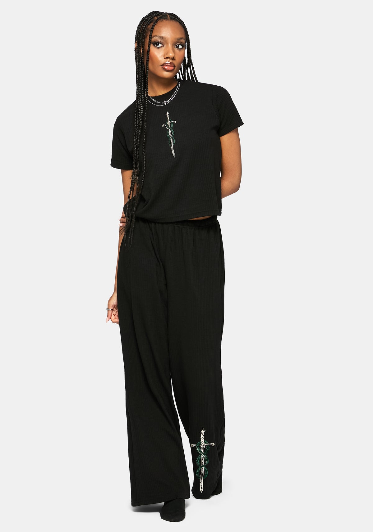 Aelin Sword Embroidered Short Sleeve Ribbed Top