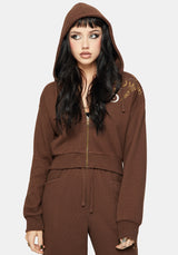 Abellona Waffle Embroidered Cropped Zip Up Hoodie