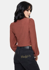 Abellona Embroidered Rust Tie Front Blouse
