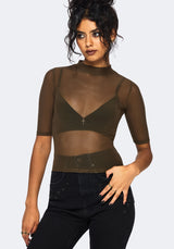 Jinx Mesh Short Sleeve Top - Khaki Green