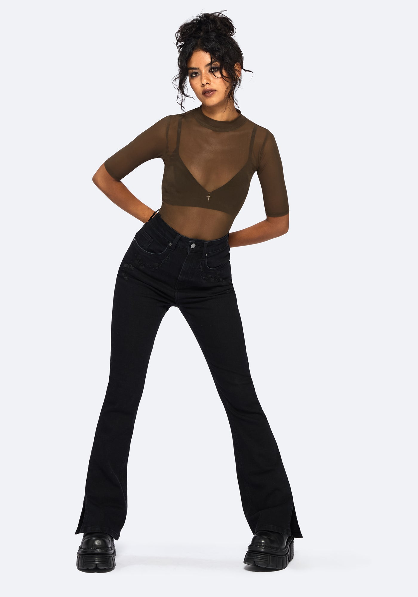 SweatyRocks Women's Sheer Mesh Cropped Top With Lettuce Trim | Short Sleeve, Slim Fit | Contrast Mesh T-Shirt - View #12