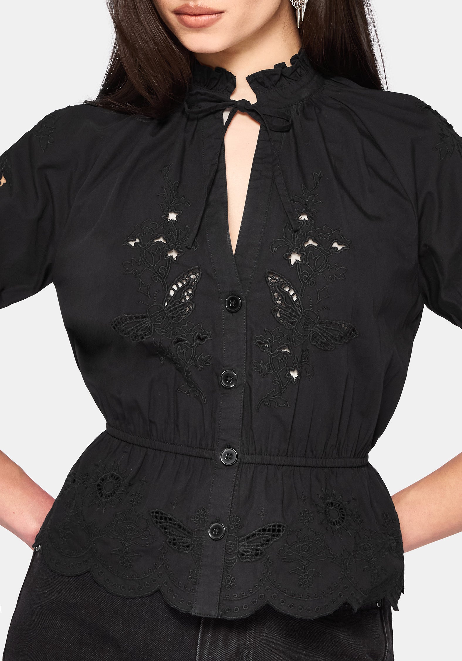 Posy Embroidered Tie Neck Blouse