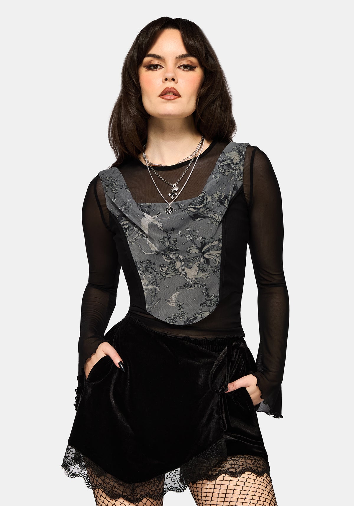 Merunicorn Enchanted Forest Print Chiffon Cowl Corset Top