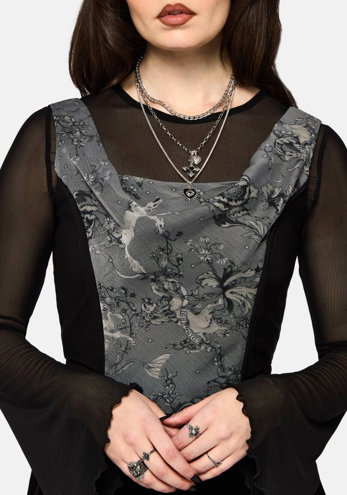 Merunicorn Enchanted Forest Print Chiffon Cowl Corset Top