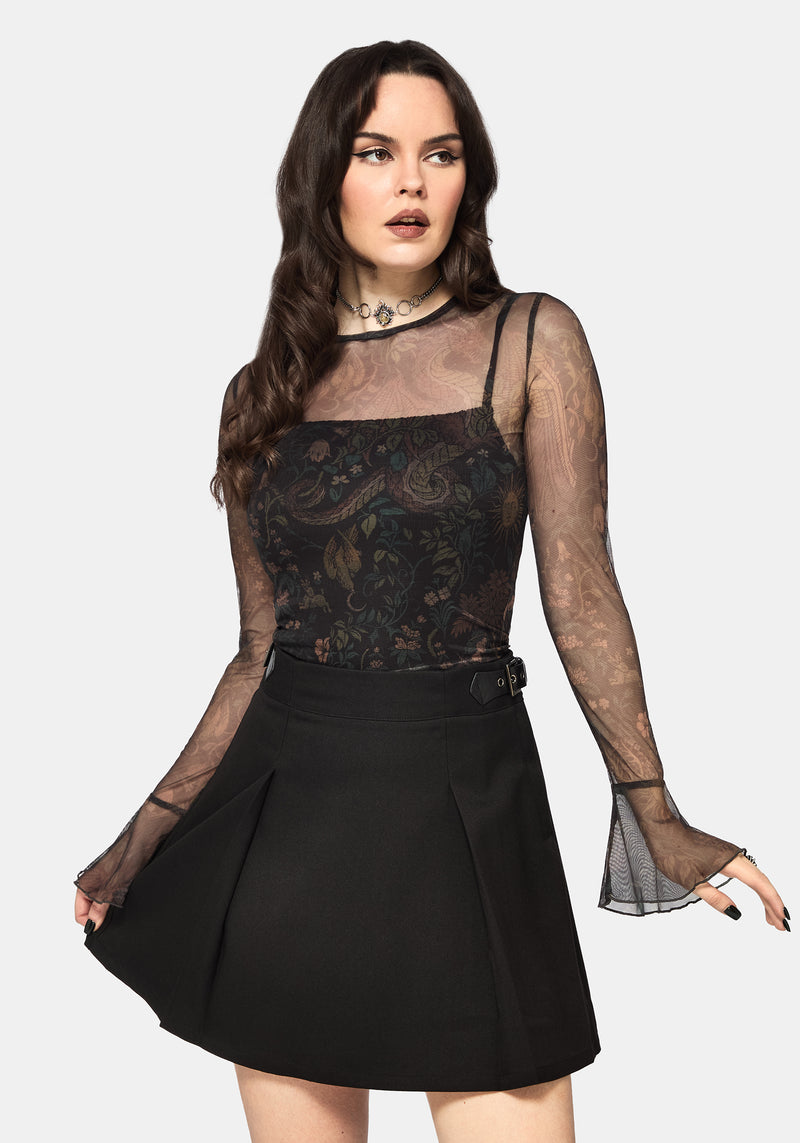 Haunt Fluted Long Sleeved Mesh Print Top