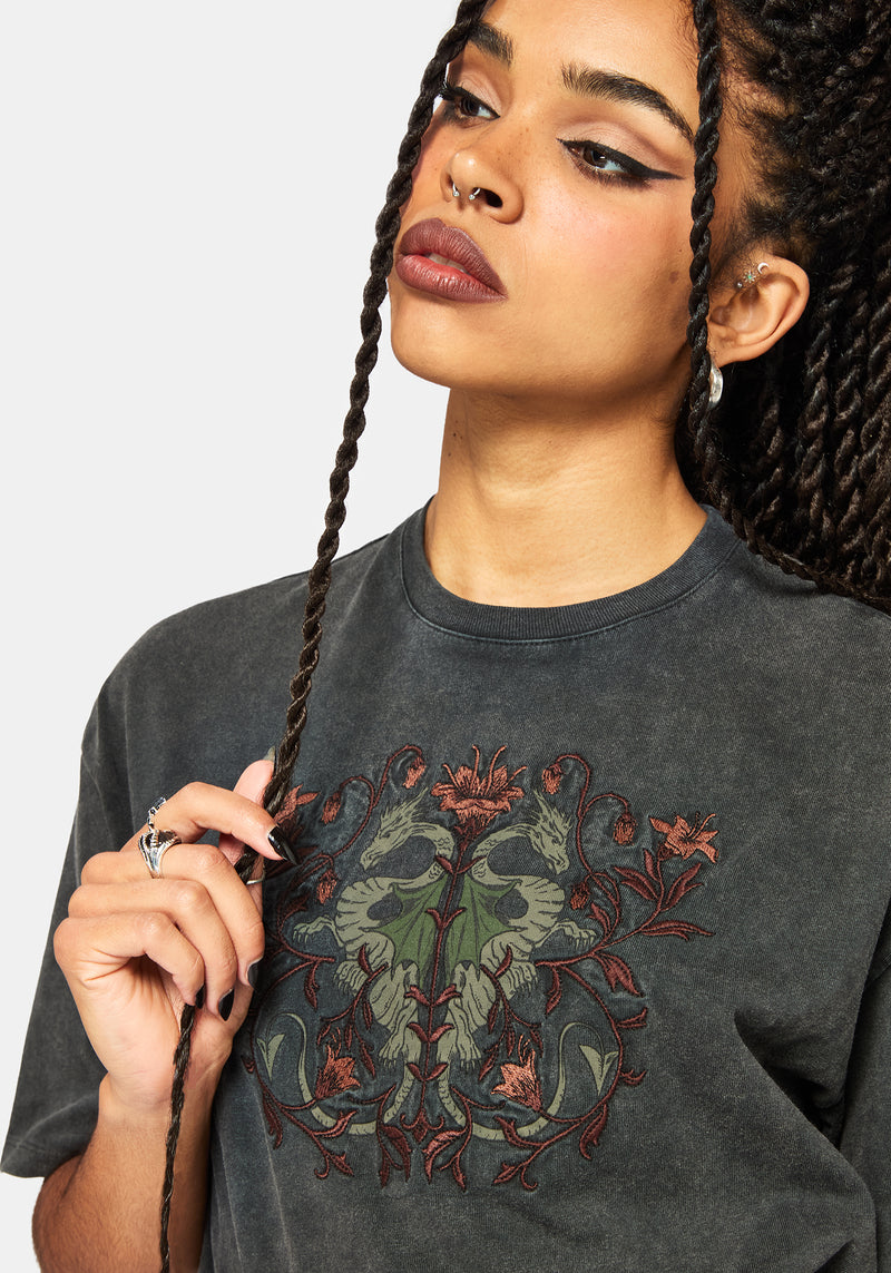 Mai Twin Flame Embroidered Dragon Print Boxy Tee