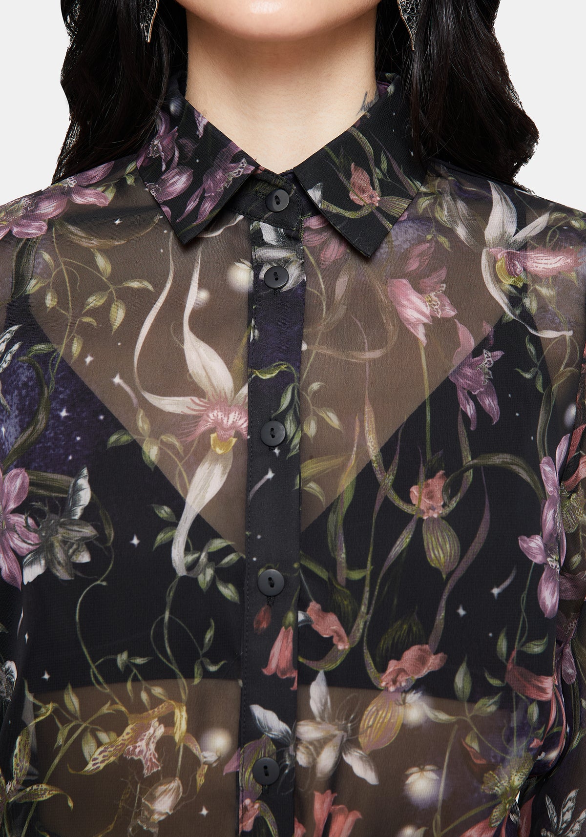 Elide Black Orchid Print Chiffon Blouse UK 10