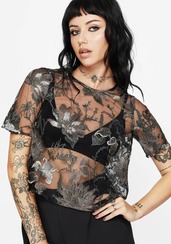 Estrid Embroidered Mesh Tie Back Blouse Top - Silver