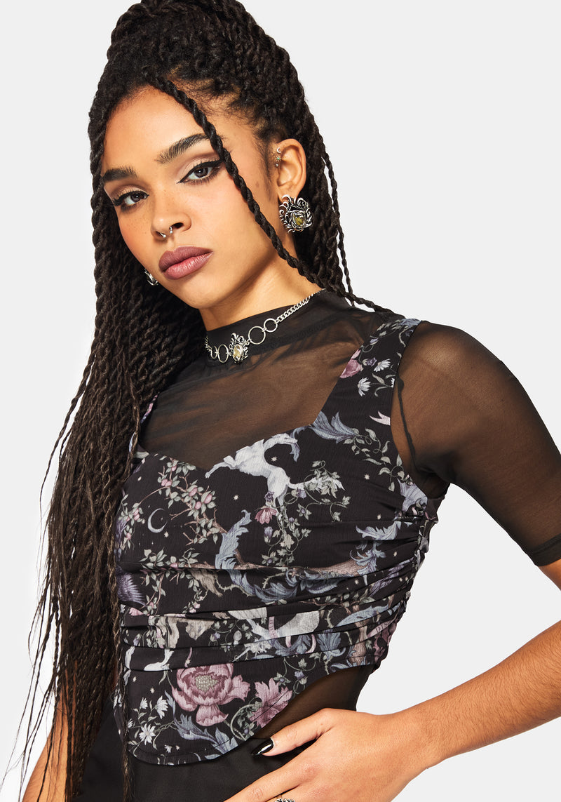 Merunicorn Enchanted Forest Print Ruched Corset Top