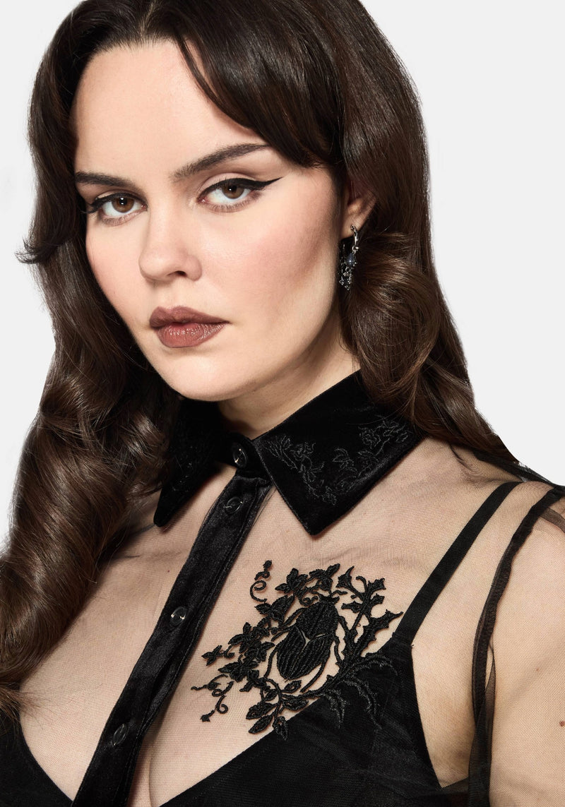 Fen Bug Embroidery Organza Sheer Shirt