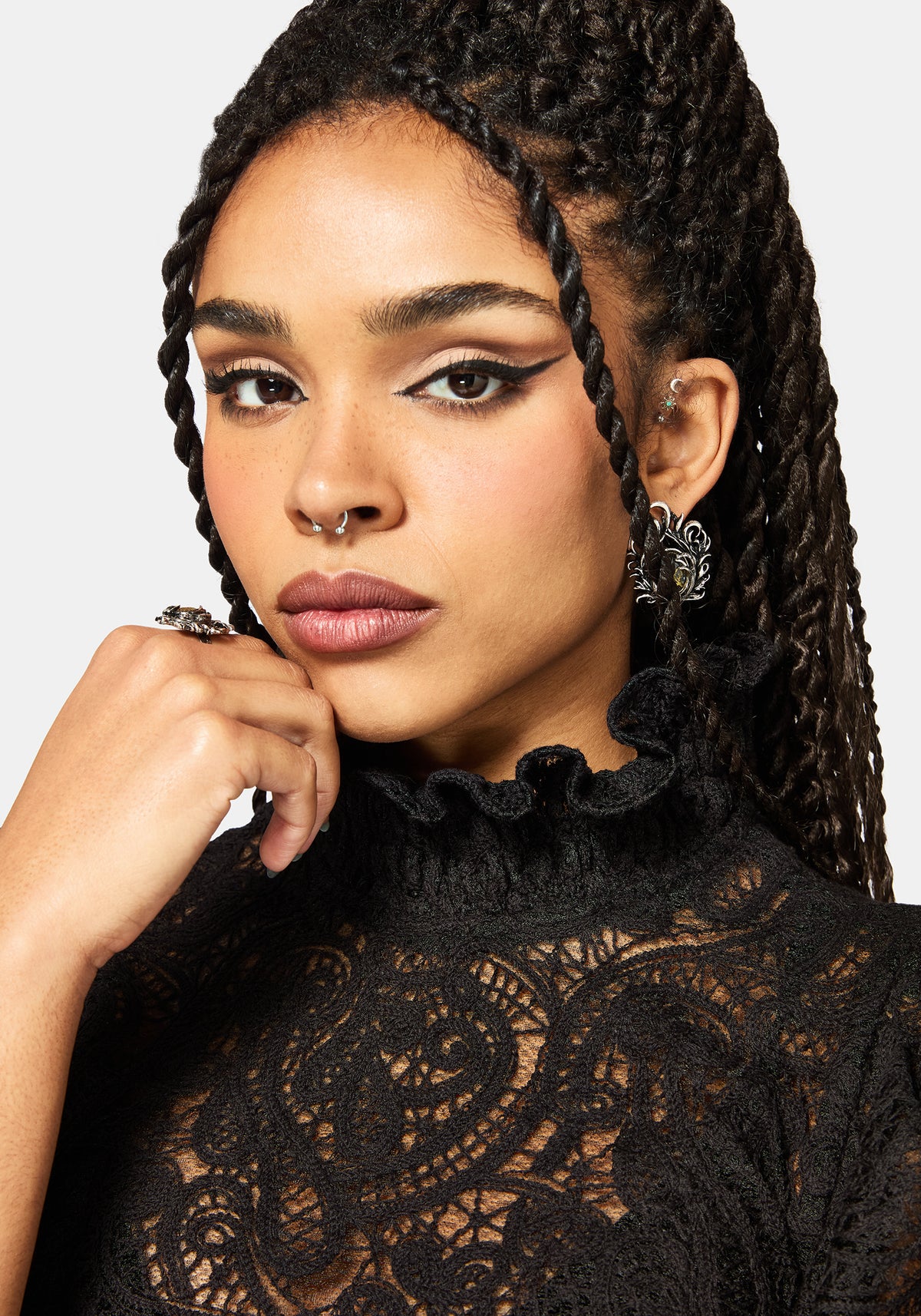 Lyra Lace Ruched High Neck Blouse - Black