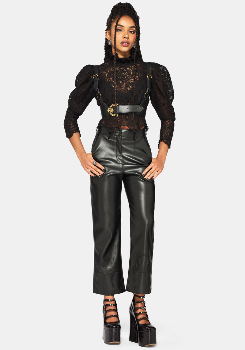 Lyra Lace Ruched High Neck Blouse - Black