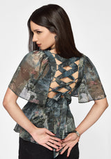 Thalassa Print Tie Back Angel Sleeve Top