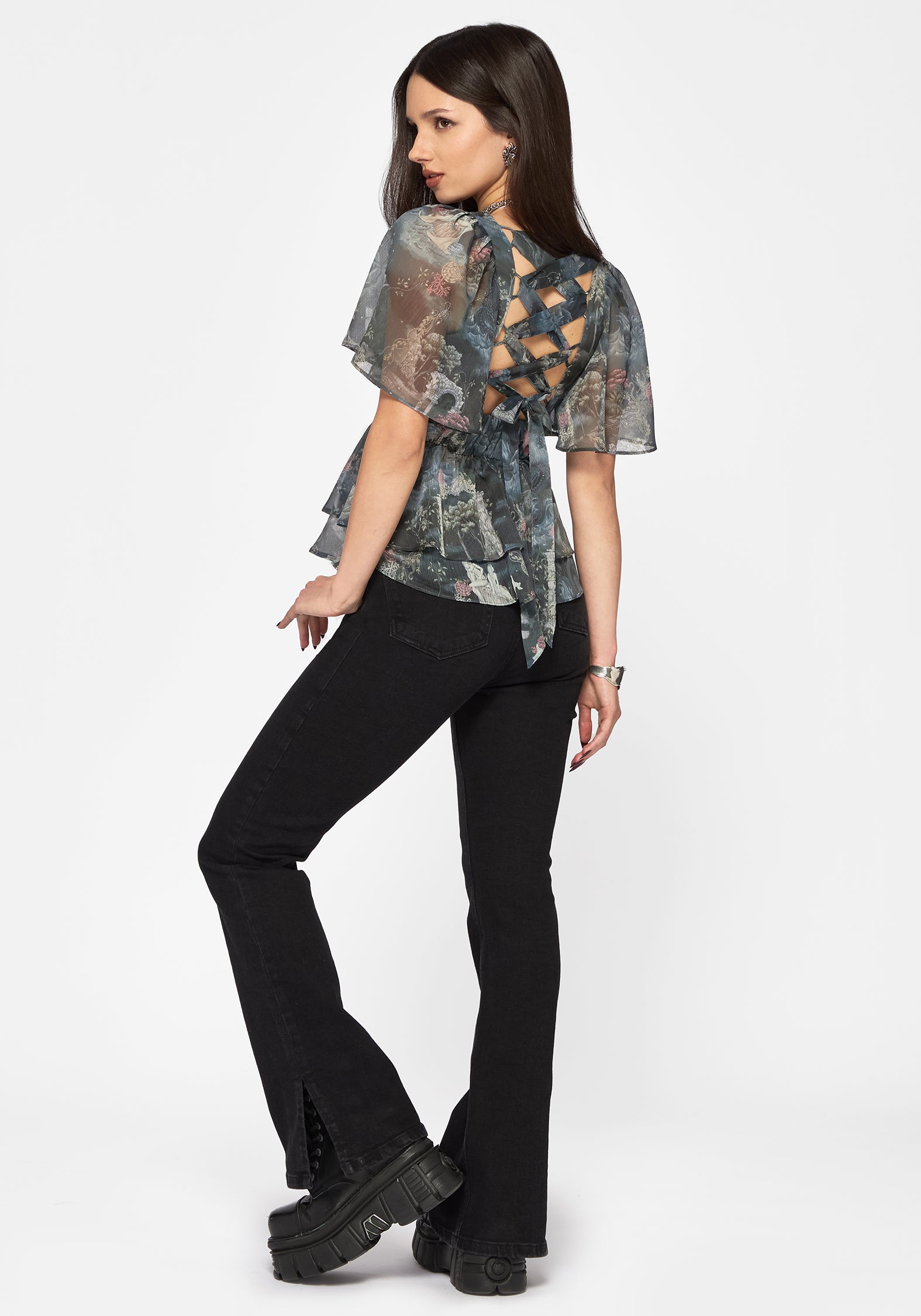 Thalassa Print Tie Back Angel Sleeve Top