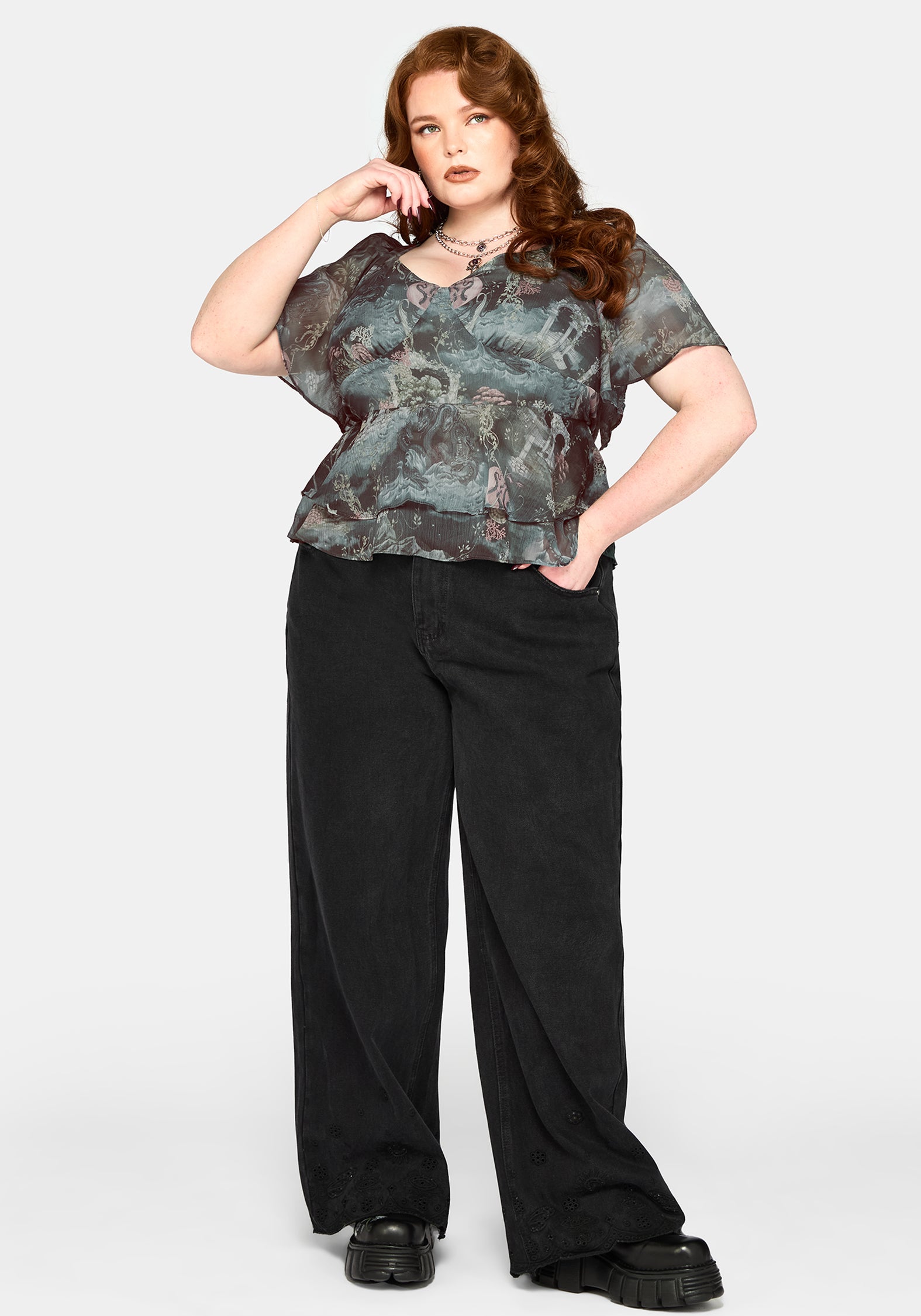 Thalassa Print Tie Back Angel Sleeve Top