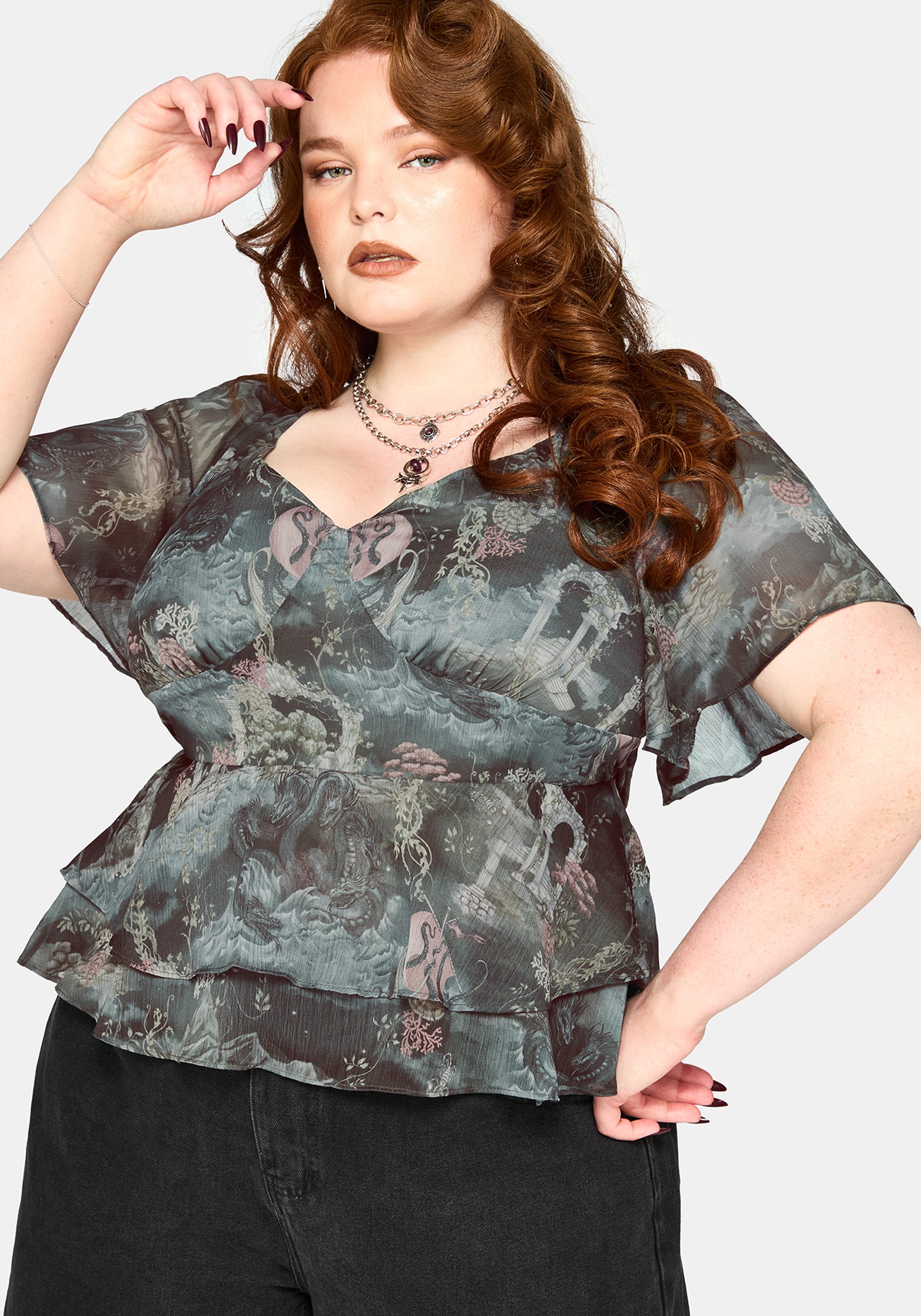 Thalassa Print Tie Back Angel Sleeve Top