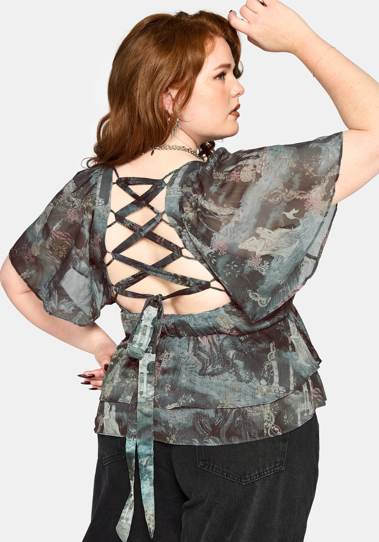 Thalassa Print Tie Back Angel Sleeve Top