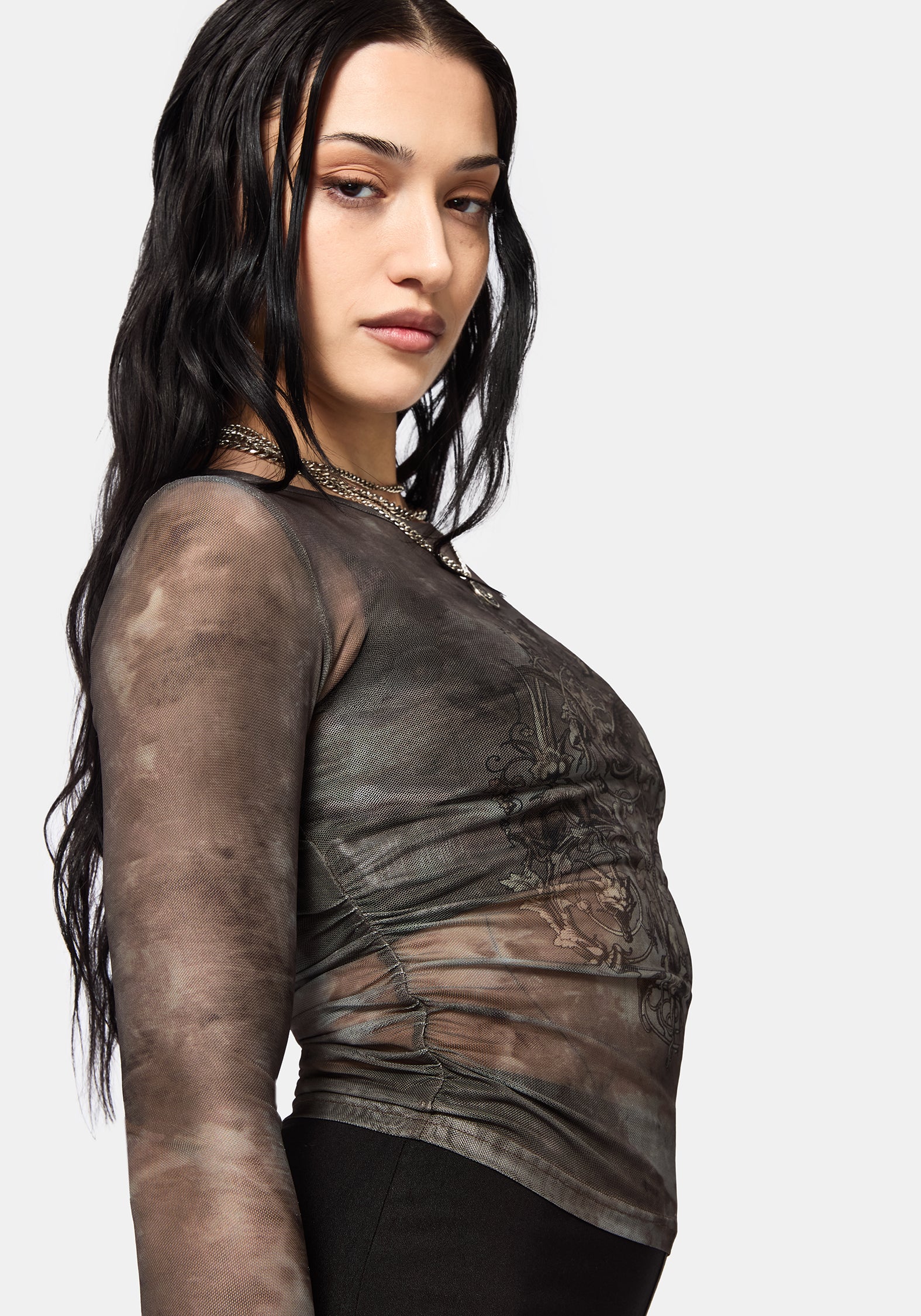 Eros Realm Mesh Long Sleeve Ruche Top