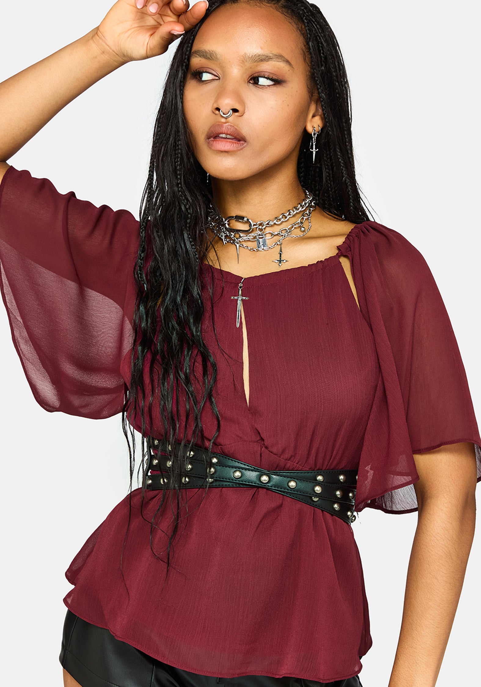 Ari Cape Charm Blouse - Burgundy