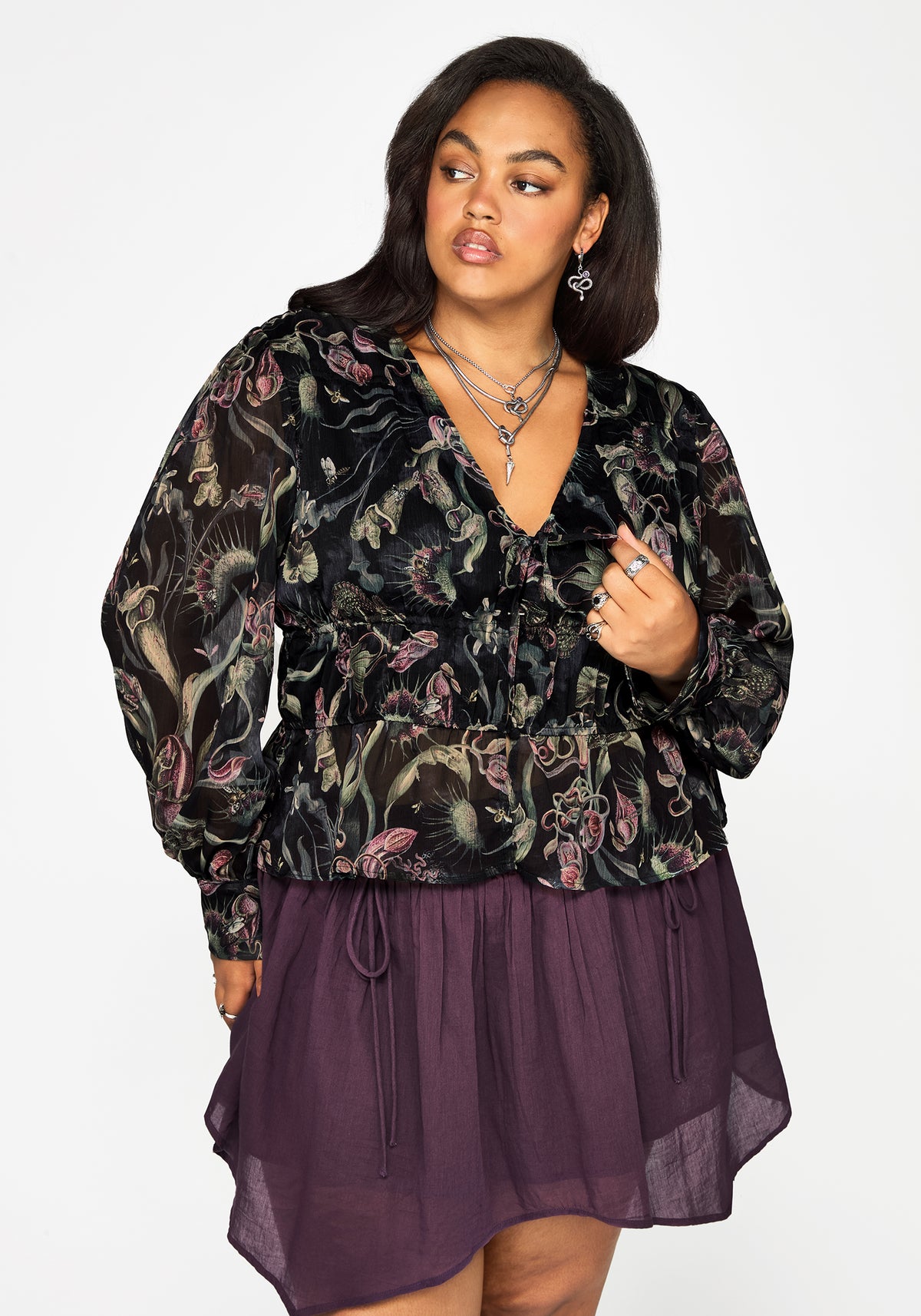 Dionaea Flytrap Print Ruched Button Down Top