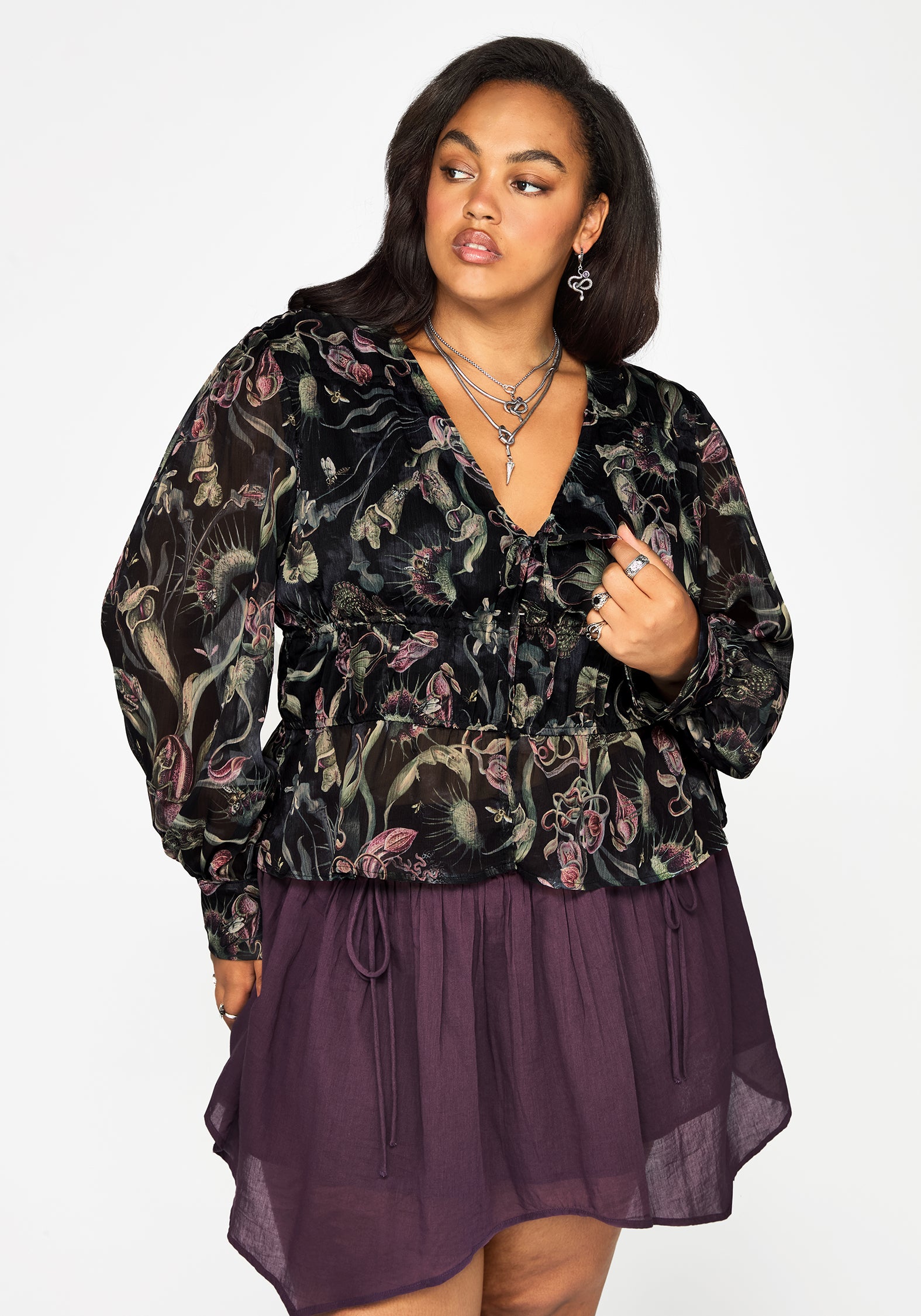Dionaea Flytrap Print Ruched Button Down Top