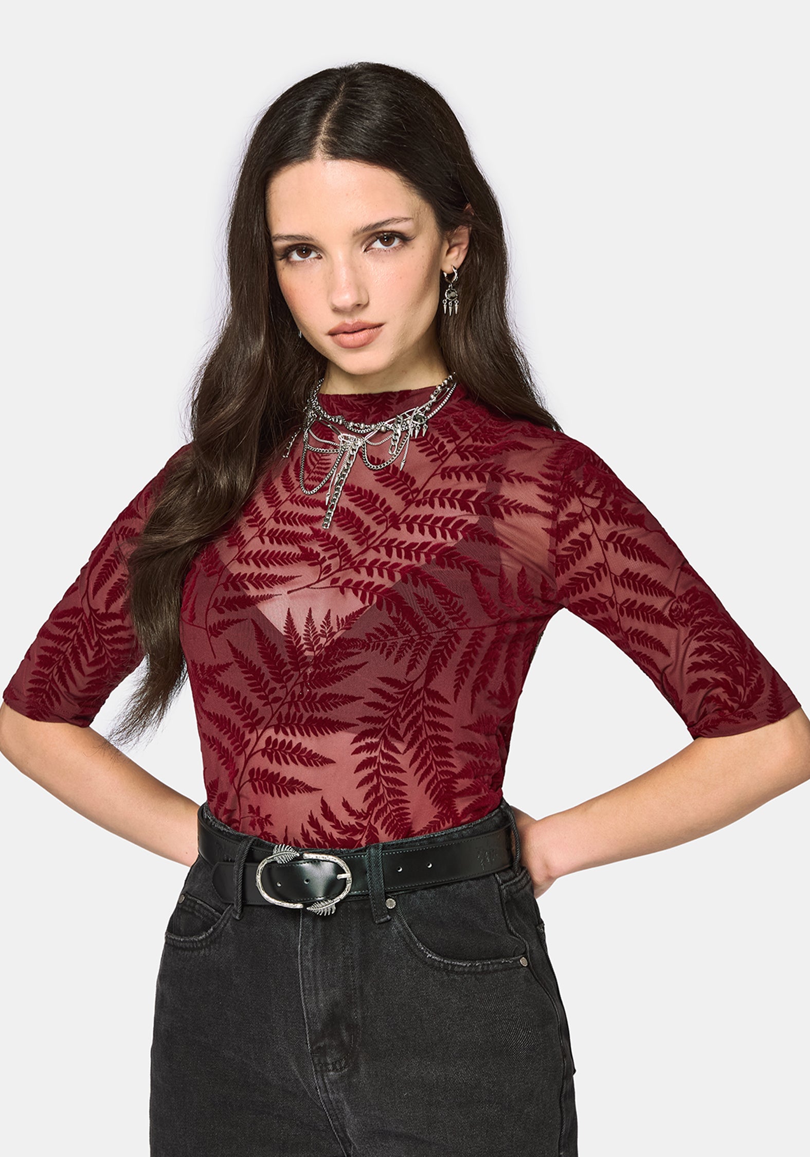 Lunafern Flocked Fern Short Sleeve Mesh Top - Burgundy