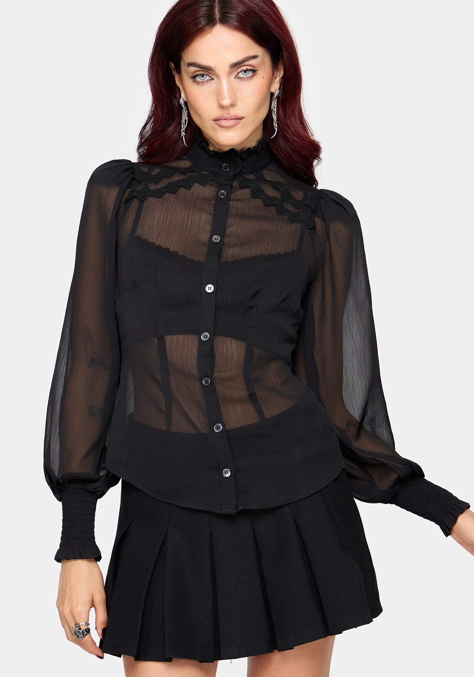Zia Chiffon Sheer Lace Trim Shirt