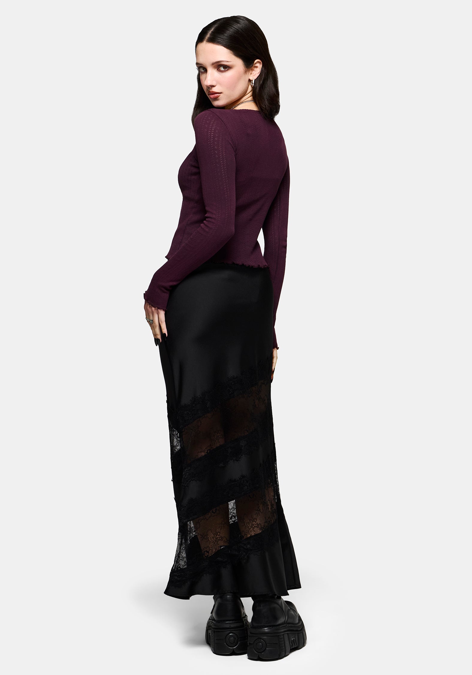 Lucera Long Sleeve Pointelle Scoop Neck Top - Burgundy