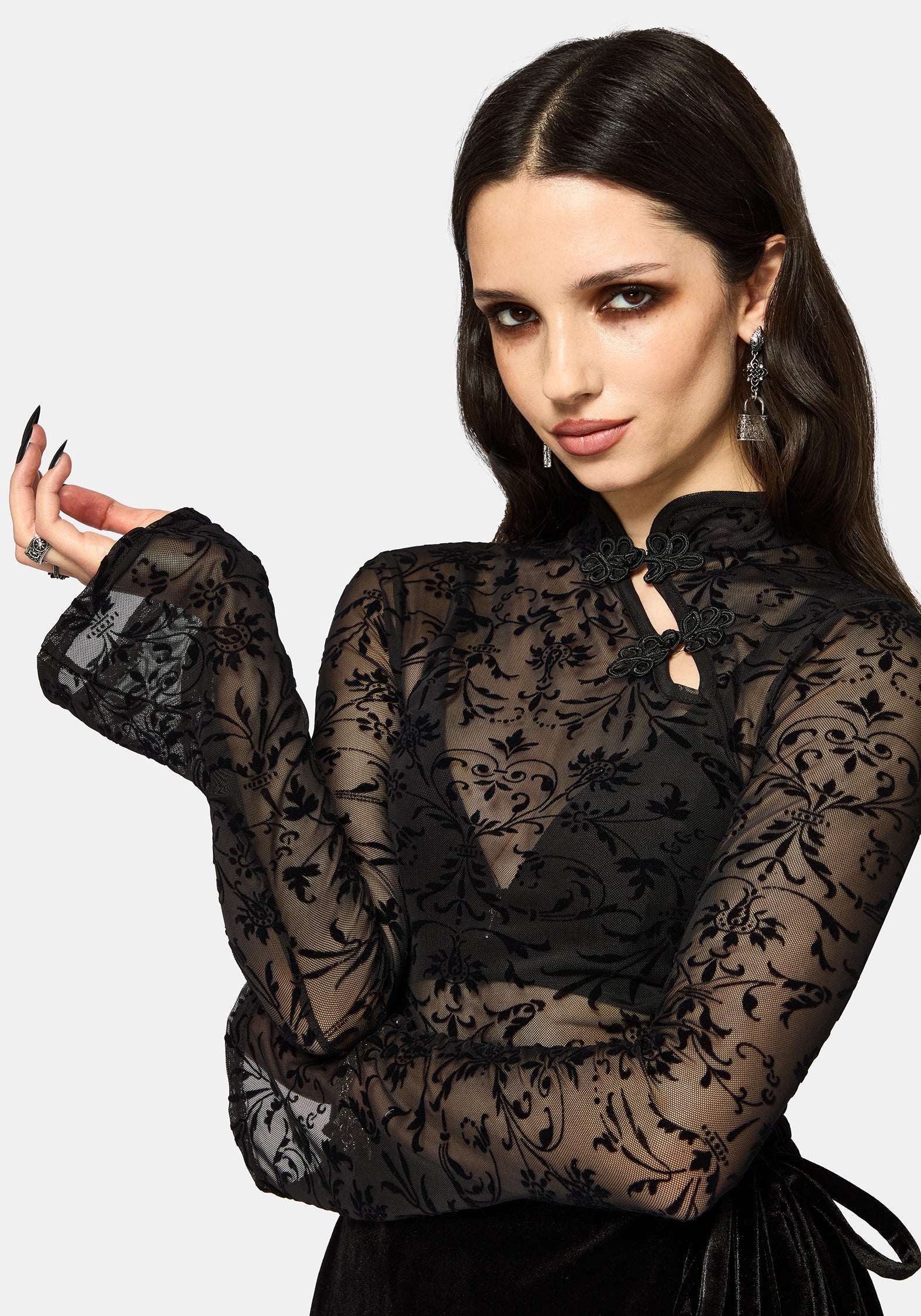 Mae Flock Mesh Asymmetric Long Sleeve Top