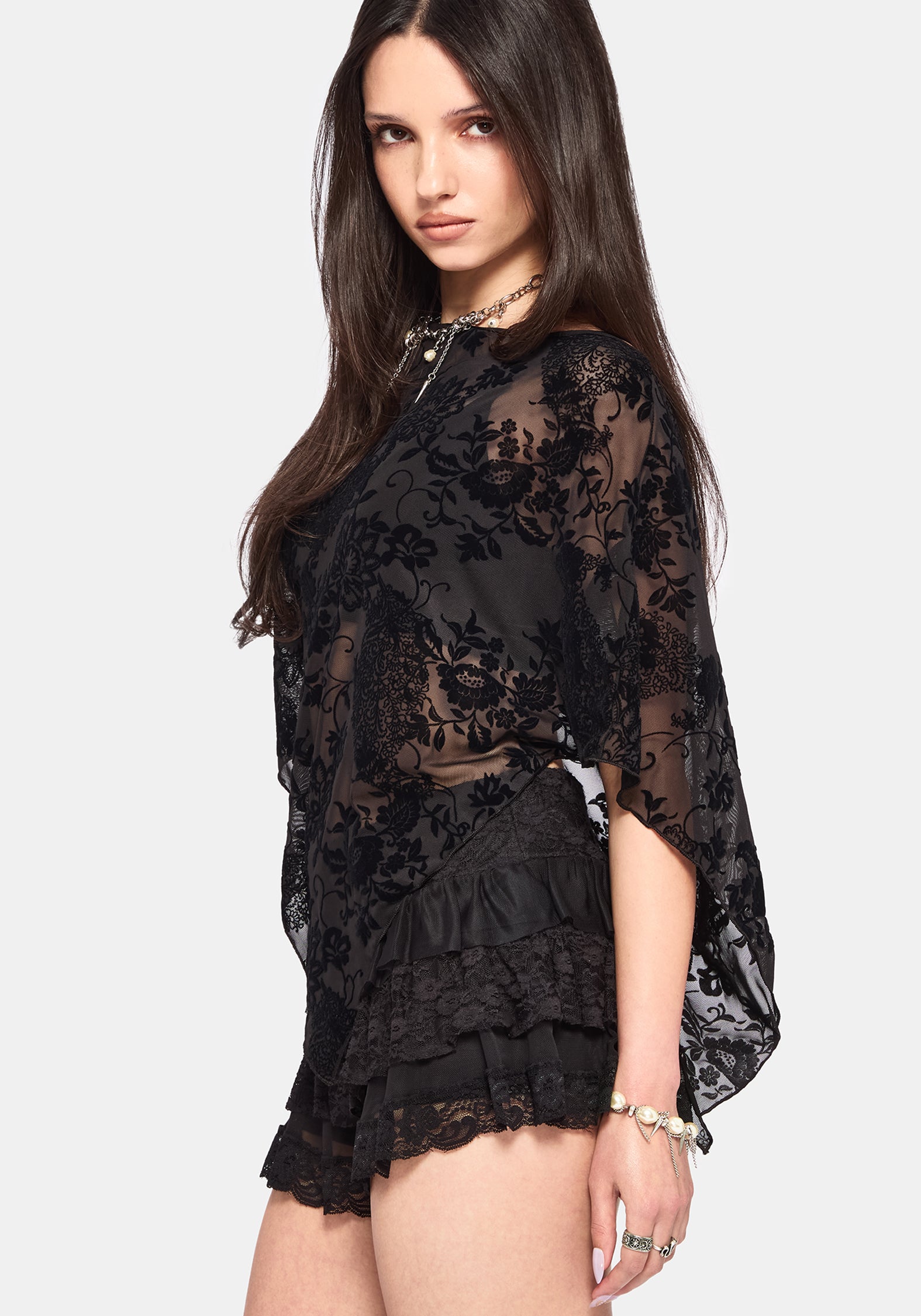 Void Bloom Flocked Mesh Poncho